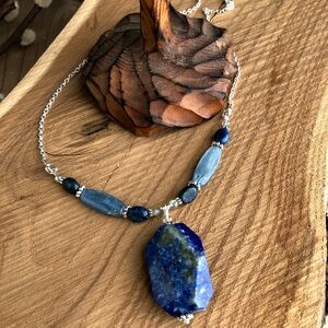 Blue Lapis, Kayanite, and Silver Gemstone Necklace Handmade 26” Pendant Necklace